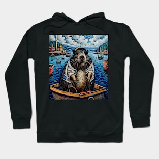 watercolor groundhog gone fishing on boat Hoodie